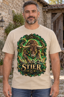 Beiges T-Shirt an einem Mann vor rustikalem Steinbauernhof, mit auffälligem Stier-Motiv in Grün und Gold auf der Vorderseite.
