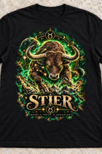 Schwarzes T-Shirt flach ausgelegt auf hellem Stein, mit großem Stier-Motiv, Sternzeichen-Symbol und goldener Schrift.
