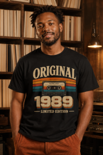 Mann trägt ein schwarzes Retro Musikshirt mit 1989-Print und Kassette in einem warm beleuchteten Plattenladen.