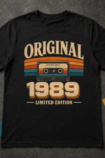 Schwarzes T-Shirt mit Vintage T-Shirt 1989 Motiv und Kassette, flach ausgelegt auf dunklem Steinboden mit farbigen Ecken.