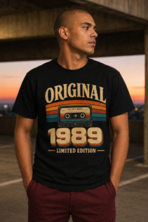 Mann trägt ein schwarzes 1989 Shirt mit Retro-Kassettenmotiv auf einem Parkdeck bei Sonnenuntergang.