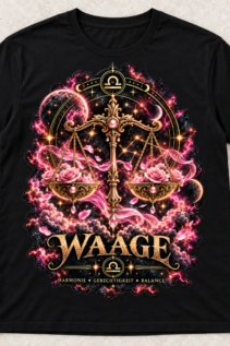 Kosmisches Waage-Motiv mit Sternzeichen-Symbol, goldener Waage, Sternen, Planeten und rosafarbenen Akzenten.