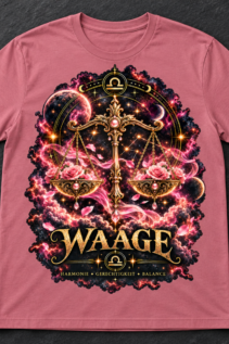 Kosmisches Waage-Motiv mit Sternzeichen-Symbol, goldener Waage, Sternen, Planeten und rosafarbenen Akzenten.