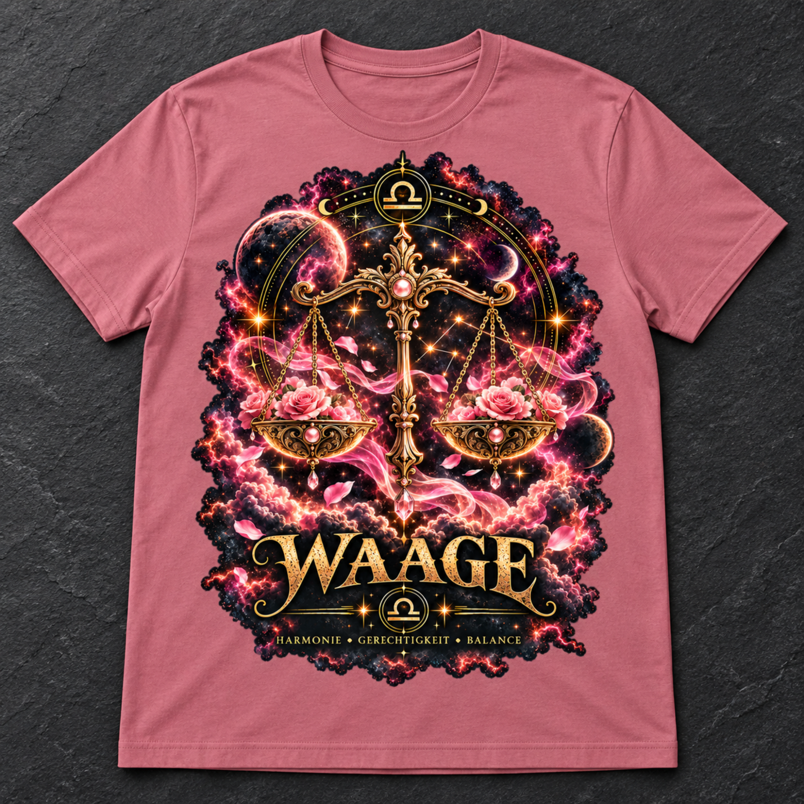 Kosmisches Waage-Motiv mit Sternzeichen-Symbol, goldener Waage, Sternen, Planeten und rosafarbenen Akzenten.