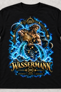 Freigestelltes schwarzes T-Shirt mit großem Wassermann-Motiv auf hellem Hintergrund, ohne Person.