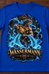 Freigestelltes königsblaues T-Shirt mit Wassermann-Motiv auf Holzhintergrund, ohne Person.