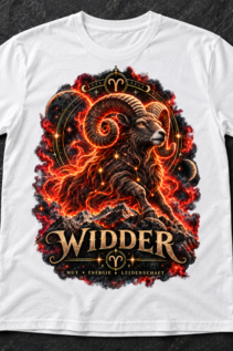 Weißes T-Shirt flach ausgelegt mit großem Widder-Motiv und kontrastreichem Feuereffekt auf dunklem Steinuntergrund.