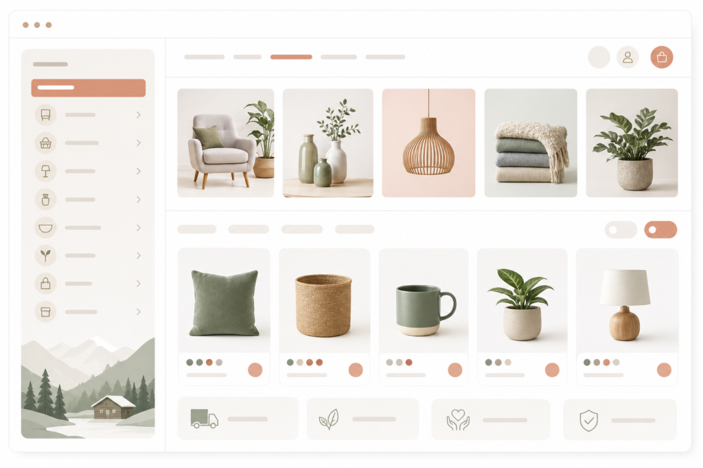 Moderne Illustration einer klar strukturierten WooCommerce-Shop-Navigation mit Produktkategorien