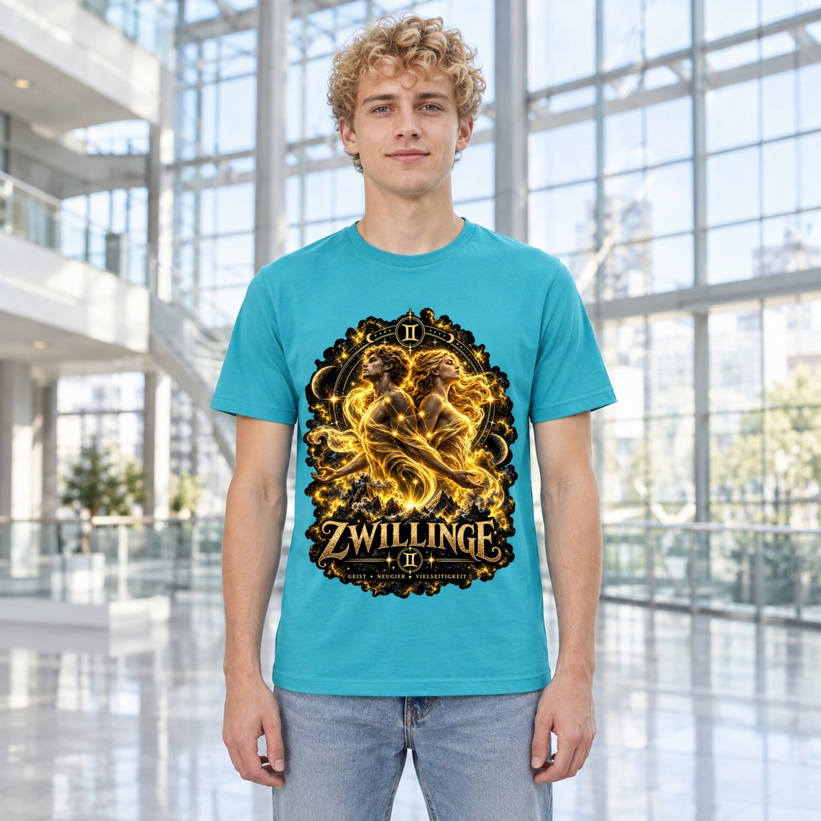 Junger Mann trägt ein türkisfarbenes T-Shirt mit goldenem Zwillinge-Motiv und dem Schriftzug „Zwillinge“ in einem hellen Glasgebäude.