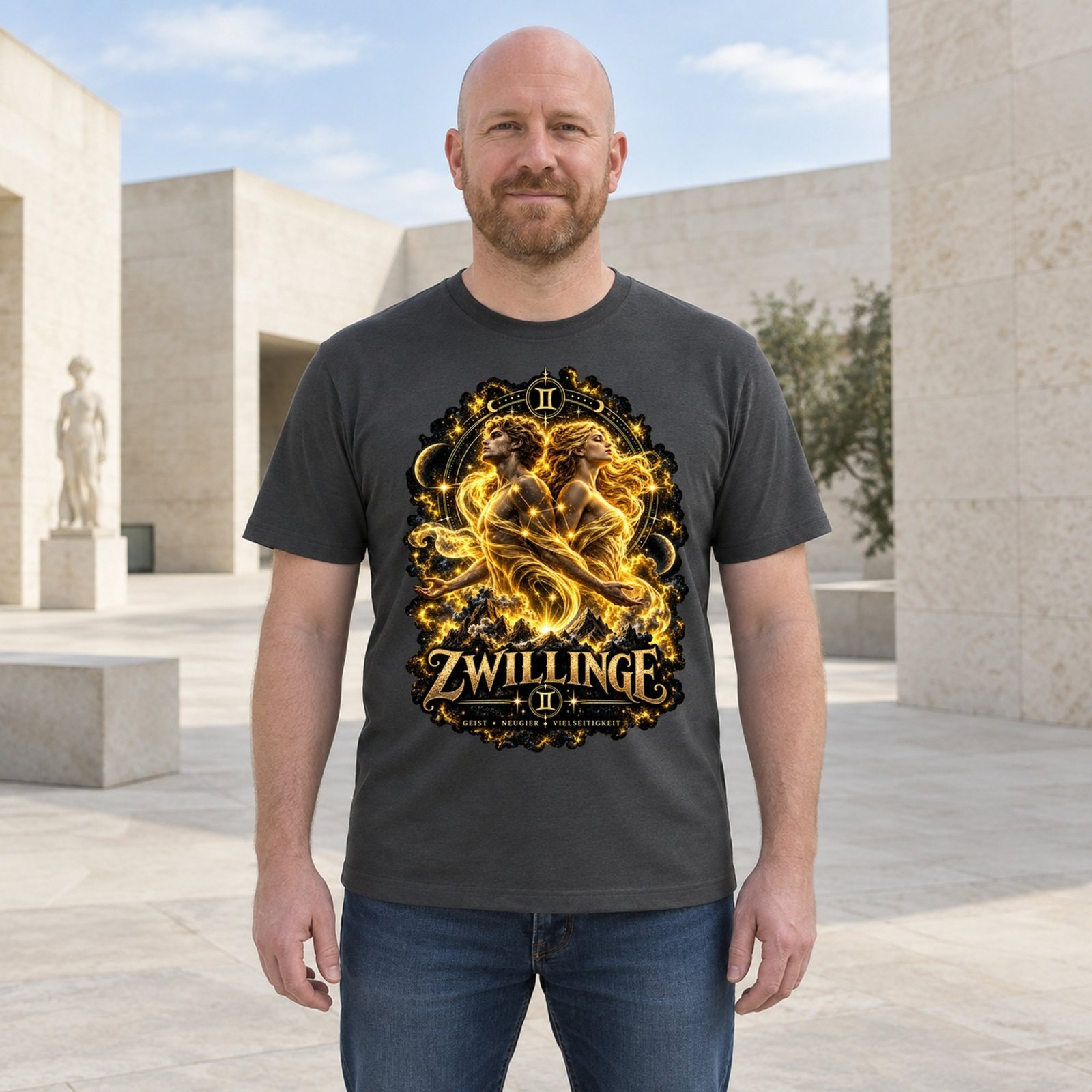 Mann trägt ein dunkelgraues T-Shirt mit zentralem goldenen Zwillinge-Motiv vor einem hellen Architektur-Hintergrund.