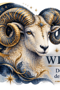 Druckmotiv Widder: ein Widderkopf mit goldenen Hörnern vor einer Mondsichel, umgeben von Sternen und blauen Wolkenschwaden