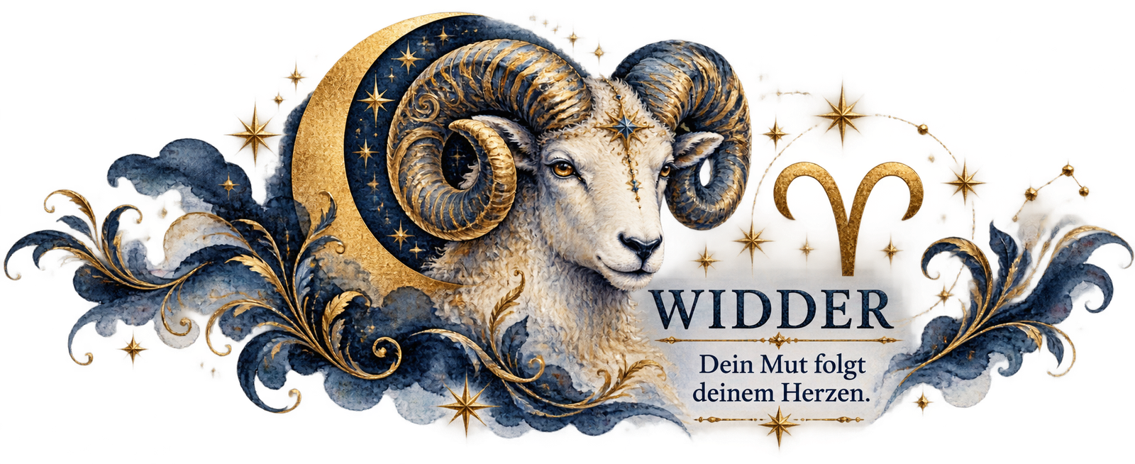 Druckmotiv Widder: ein Widderkopf mit goldenen Hörnern vor einer Mondsichel, umgeben von Sternen und blauen Wolkenschwaden