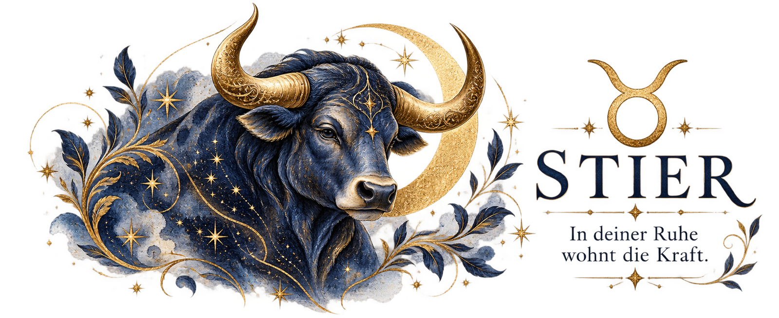 Druckmotiv Stier: ein dunkelblauer Stier mit goldenen Hörnern vor einer goldenen Mondsichel, im Fell ein Muster aus Sternen
