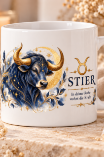 Weiße Tasse mit Sternzeichen-Motiv Stier und dem Spruch „In deiner Ruhe wohnt die Kraft.“