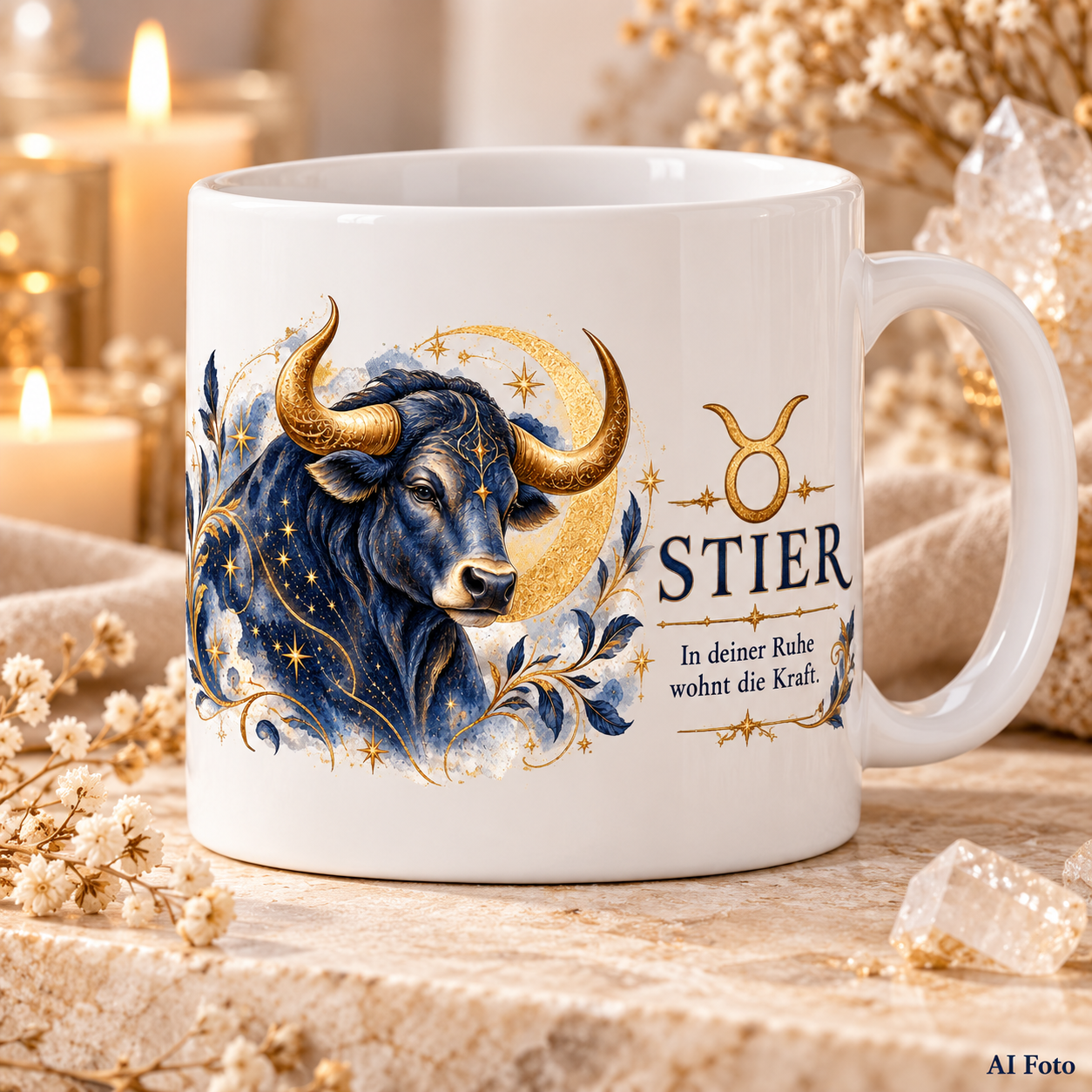 Weiße Tasse mit Sternzeichen-Motiv Stier und dem Spruch „In deiner Ruhe wohnt die Kraft.“