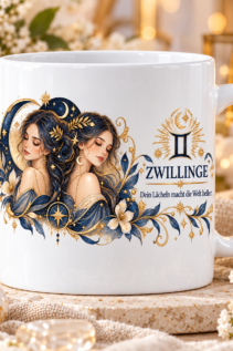 Weiße Tasse mit Sternzeichen-Motiv Zwillinge und dem Spruch „Dein Lächeln macht die Welt heller.“