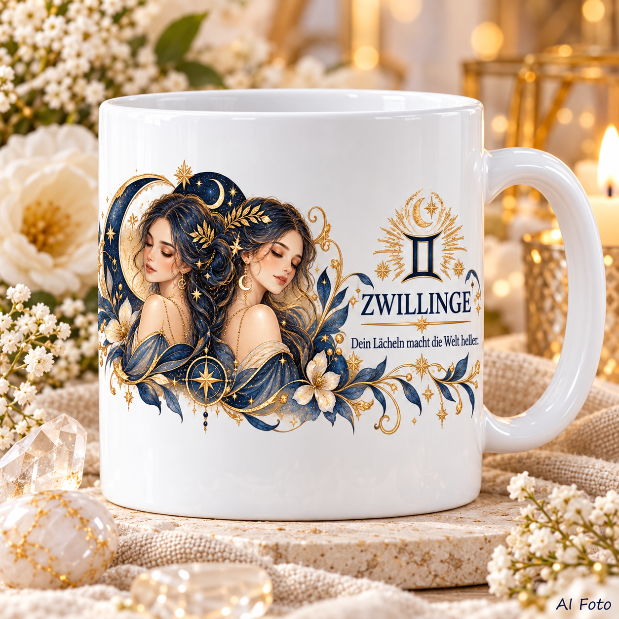 Weiße Tasse mit Sternzeichen-Motiv Zwillinge und dem Spruch „Dein Lächeln macht die Welt heller.“
