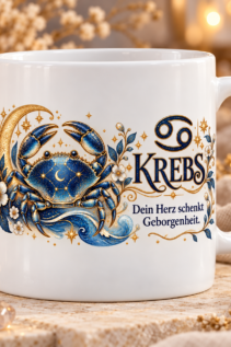 Weiße Tasse mit Sternzeichen-Motiv Krebs und dem Spruch „Dein Herz schenkt Geborgenheit.“