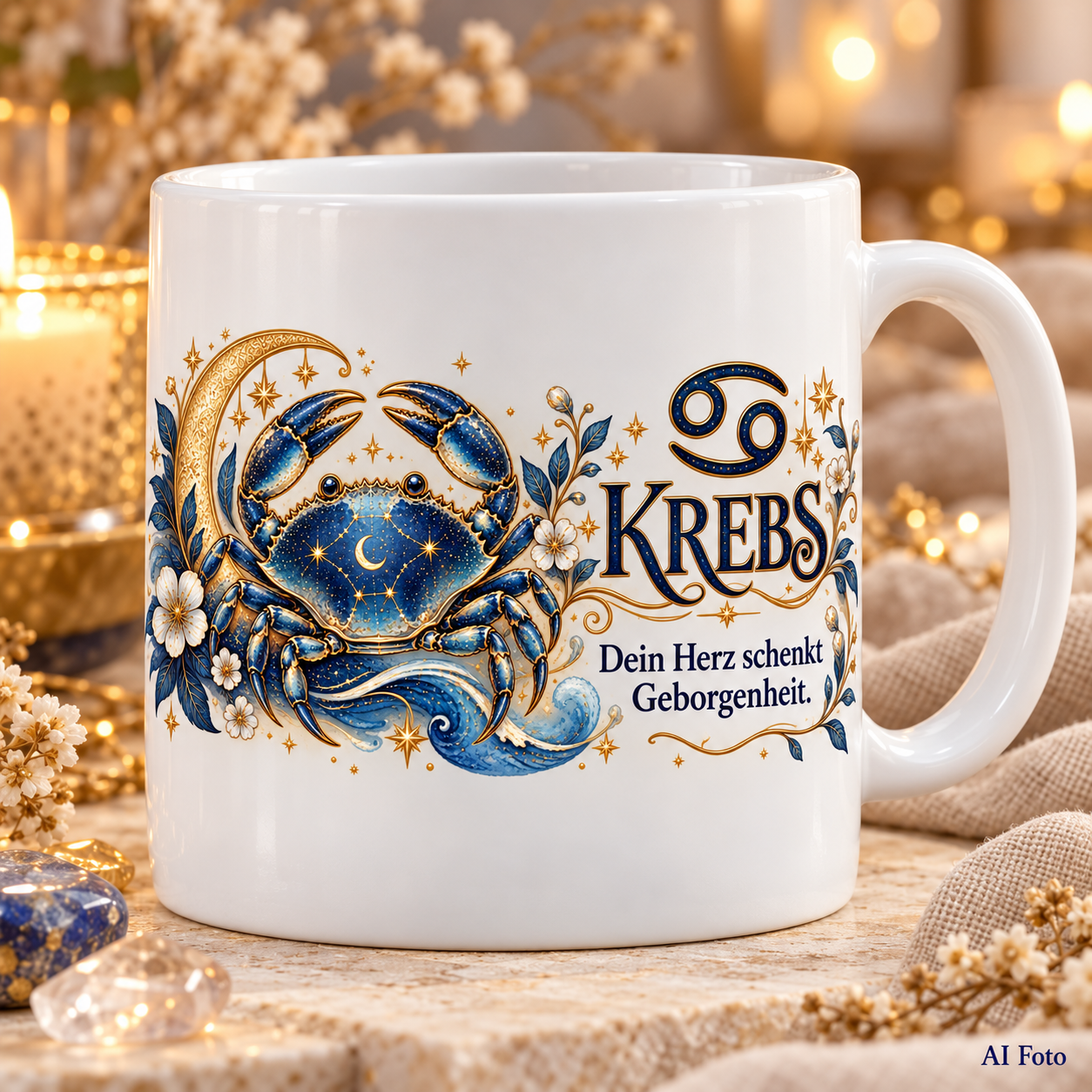 Weiße Tasse mit Sternzeichen-Motiv Krebs und dem Spruch „Dein Herz schenkt Geborgenheit.“