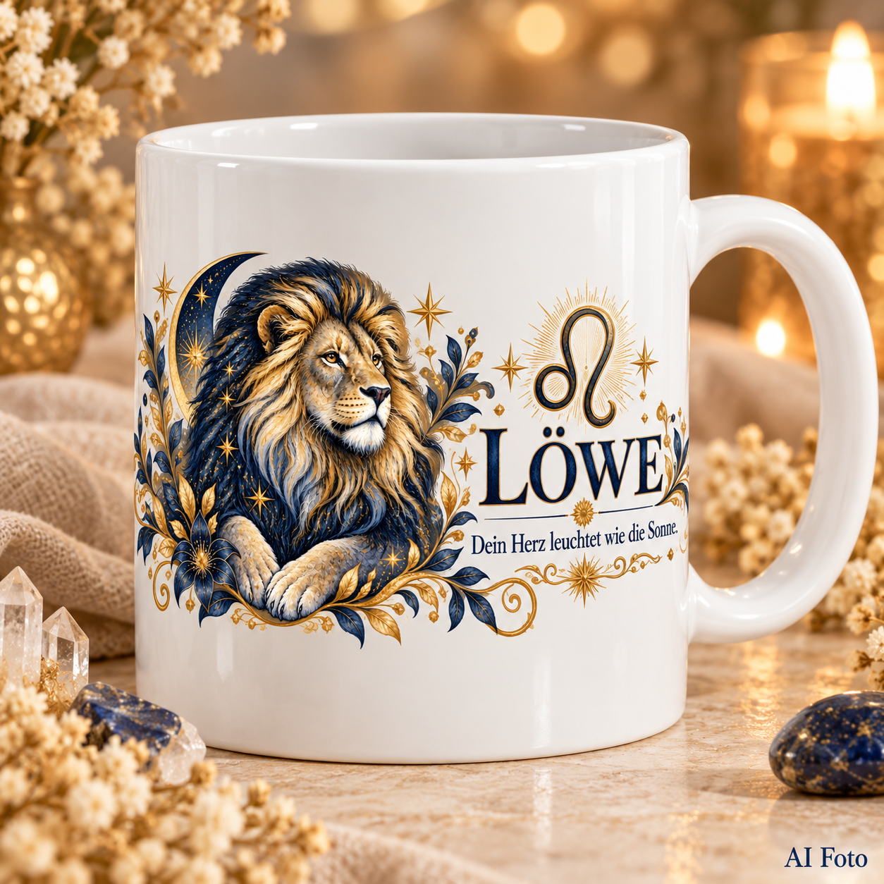 Weiße Tasse mit Sternzeichen-Motiv Löwe und dem Spruch „Dein Herz leuchtet wie die Sonne.“