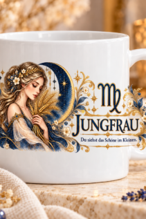 Weiße Tasse mit Sternzeichen-Motiv Jungfrau und dem Spruch „Du siehst das Schöne im Kleinen.“