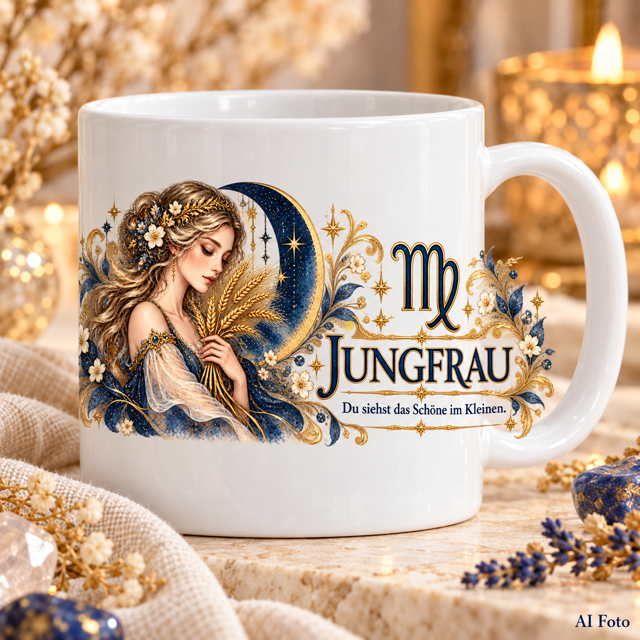 Weiße Tasse mit Sternzeichen-Motiv Jungfrau und dem Spruch „Du siehst das Schöne im Kleinen.“