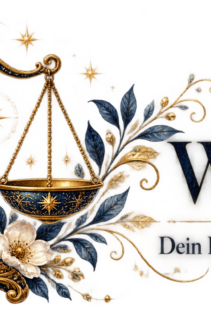 Druckmotiv Waage: eine verzierte goldene Waage vor einer Mondsichel, umgeben von weißen Blüten und Sternen