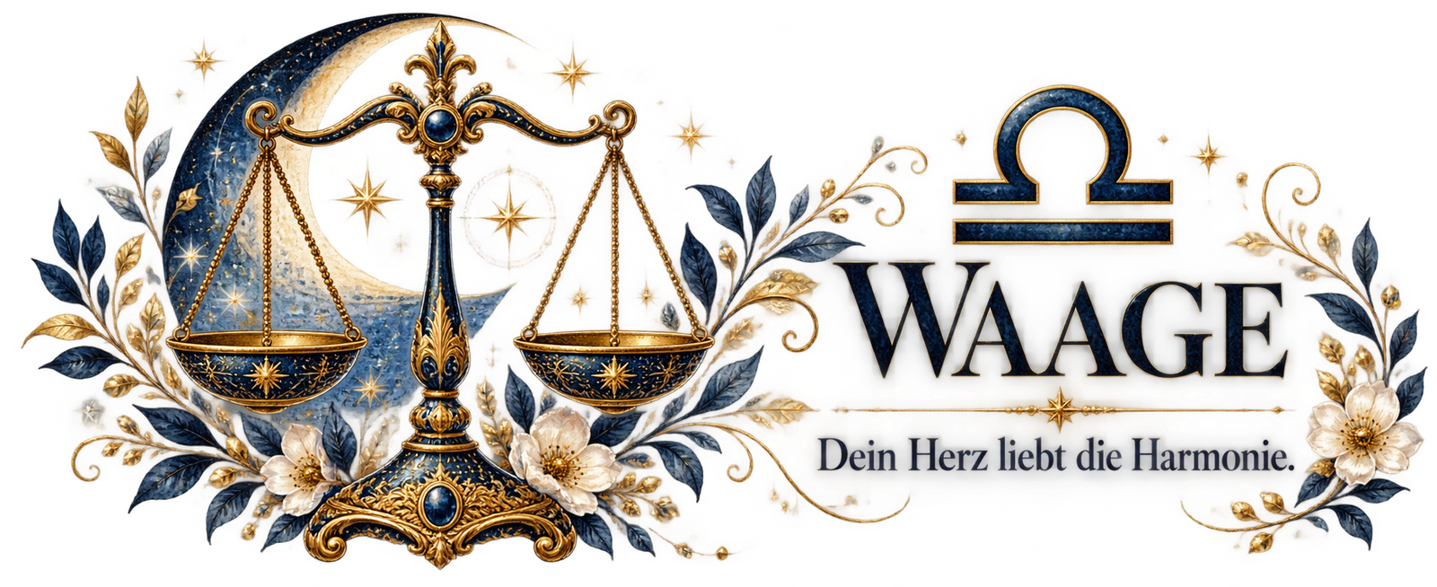 Druckmotiv Waage: eine verzierte goldene Waage vor einer Mondsichel, umgeben von weißen Blüten und Sternen
