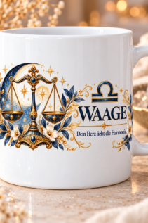 Weiße Tasse mit Sternzeichen-Motiv Waage und dem Spruch „Dein Herz liebt die Harmonie.“