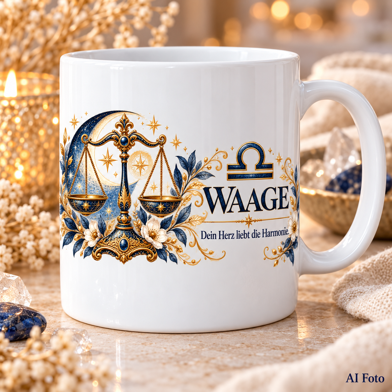 Weiße Tasse mit Sternzeichen-Motiv Waage und dem Spruch „Dein Herz liebt die Harmonie.“
