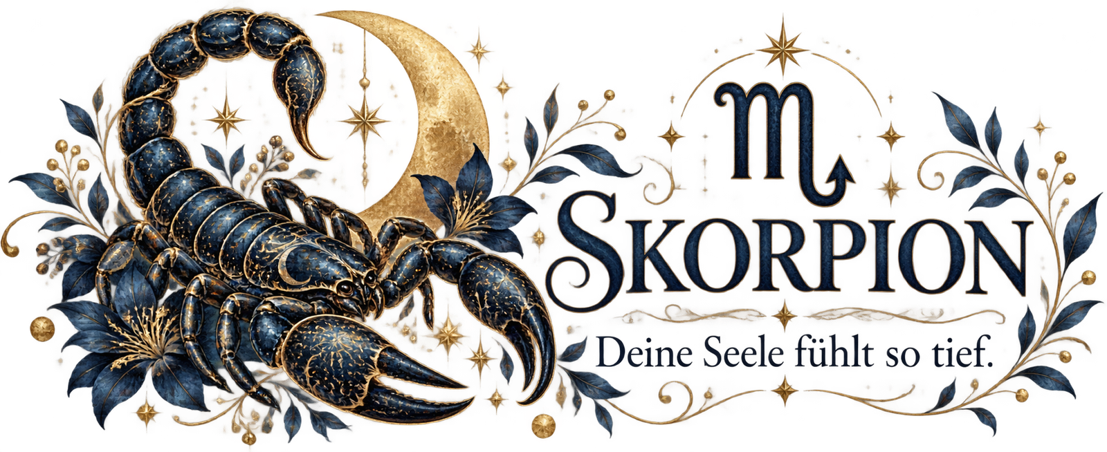 Druckmotiv Skorpion: ein dunkelblauer Skorpion mit goldenen Linien vor einer goldenen Mondsichel