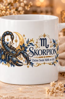 Weiße Tasse mit Sternzeichen-Motiv Skorpion und dem Spruch „Deine Seele fühlt so tief.“
