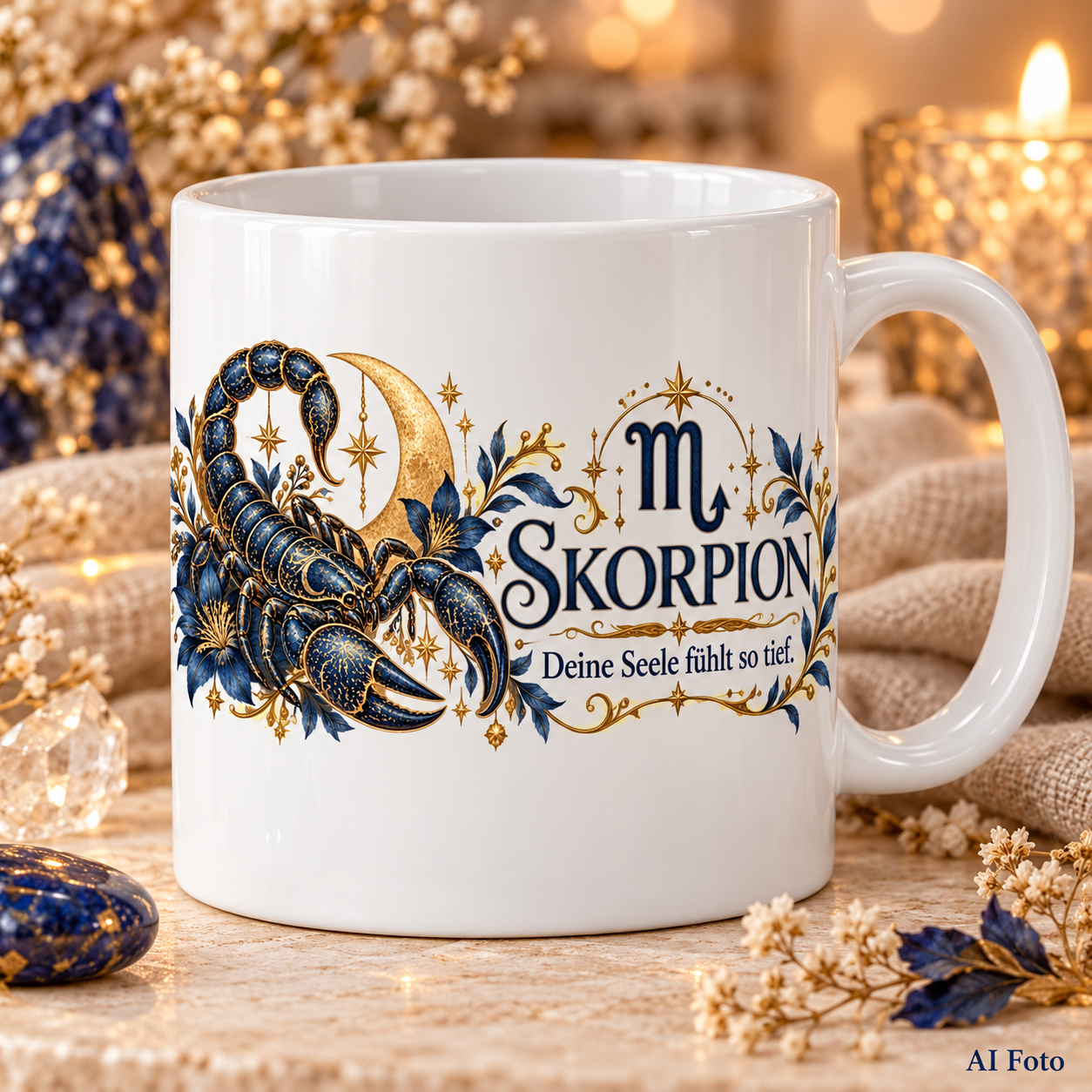 Weiße Tasse mit Sternzeichen-Motiv Skorpion und dem Spruch „Deine Seele fühlt so tief.“