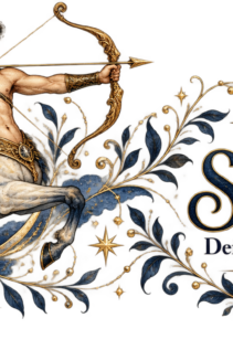 Druckmotiv Schütze: ein Zentaur mit gespanntem Bogen vor einer Mondsichel, dazu goldene Sterne