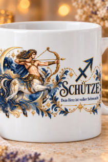 Weiße Tasse mit Sternzeichen-Motiv Schütze und dem Spruch „Dein Herz ist voller Sehnsucht.“
