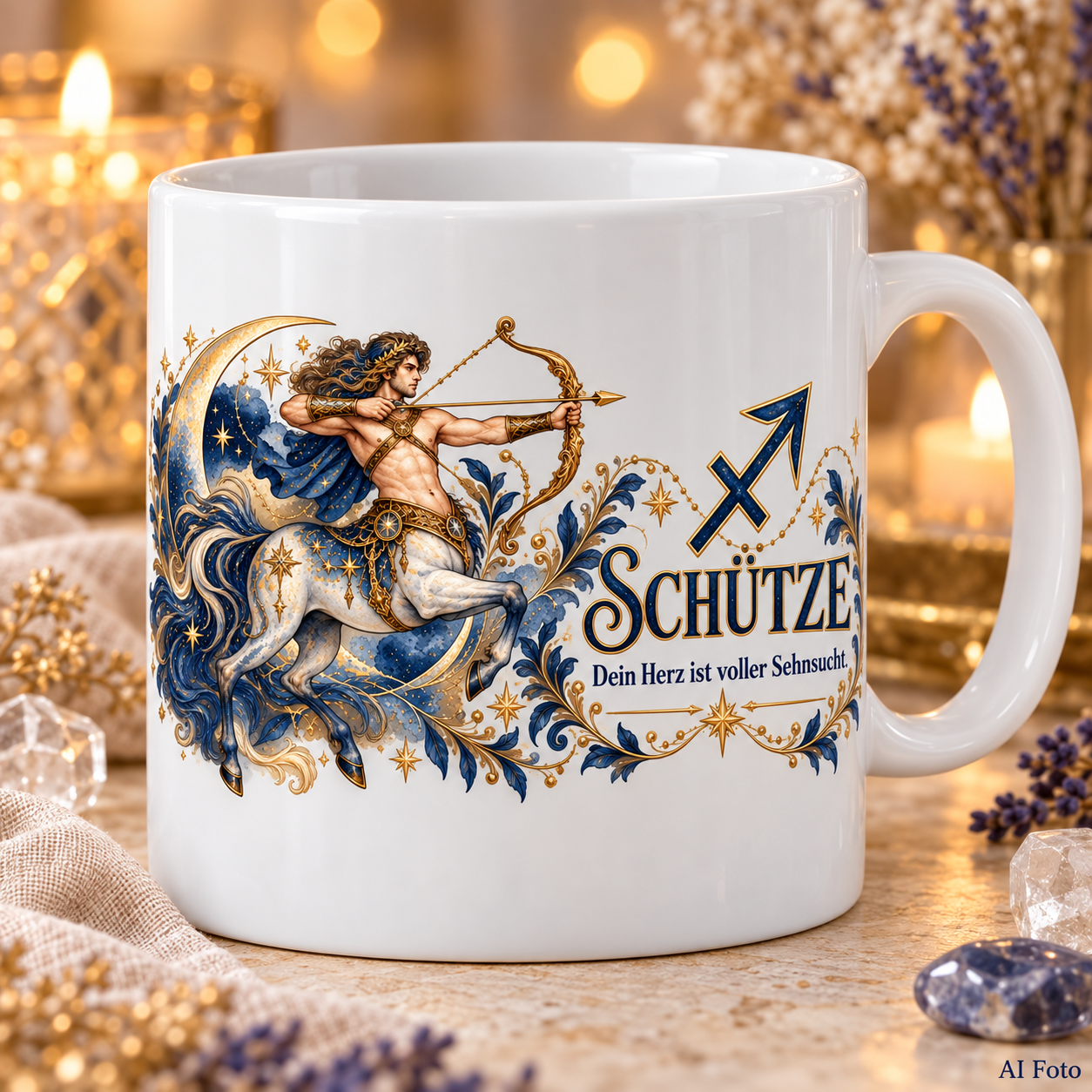 Weiße Tasse mit Sternzeichen-Motiv Schütze und dem Spruch „Dein Herz ist voller Sehnsucht.“