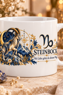 Weiße Tasse mit Sternzeichen-Motiv Steinbock und dem Spruch „Mit Liebe gehst du deinen Weg.“