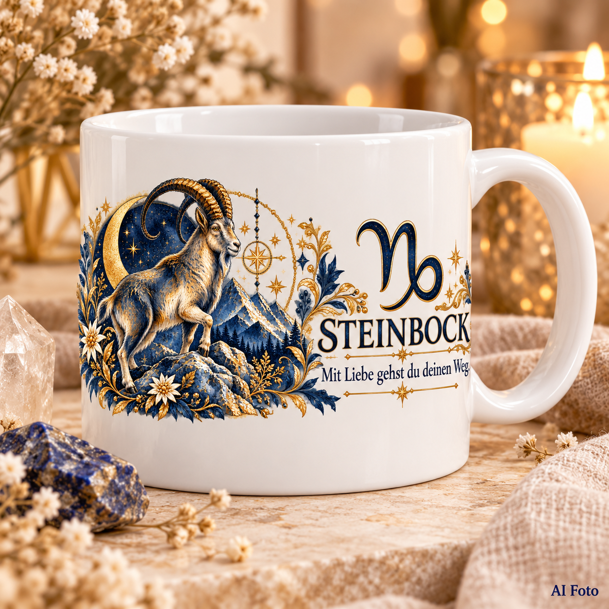 Weiße Tasse mit Sternzeichen-Motiv Steinbock und dem Spruch „Mit Liebe gehst du deinen Weg.“