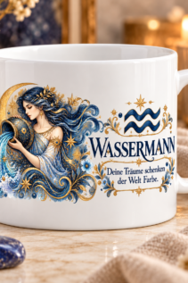 Weiße Tasse mit Sternzeichen-Motiv Wassermann und dem Spruch „Deine Träume schenken der Welt Farbe.“