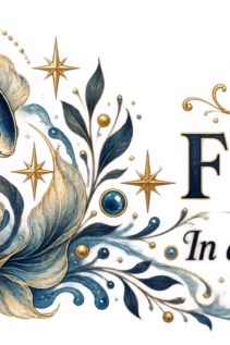 Druckmotiv Fische: zwei Fische, die einen Kreis bilden, vor einer goldenen Mondsichel und zwischen blauen Ranken