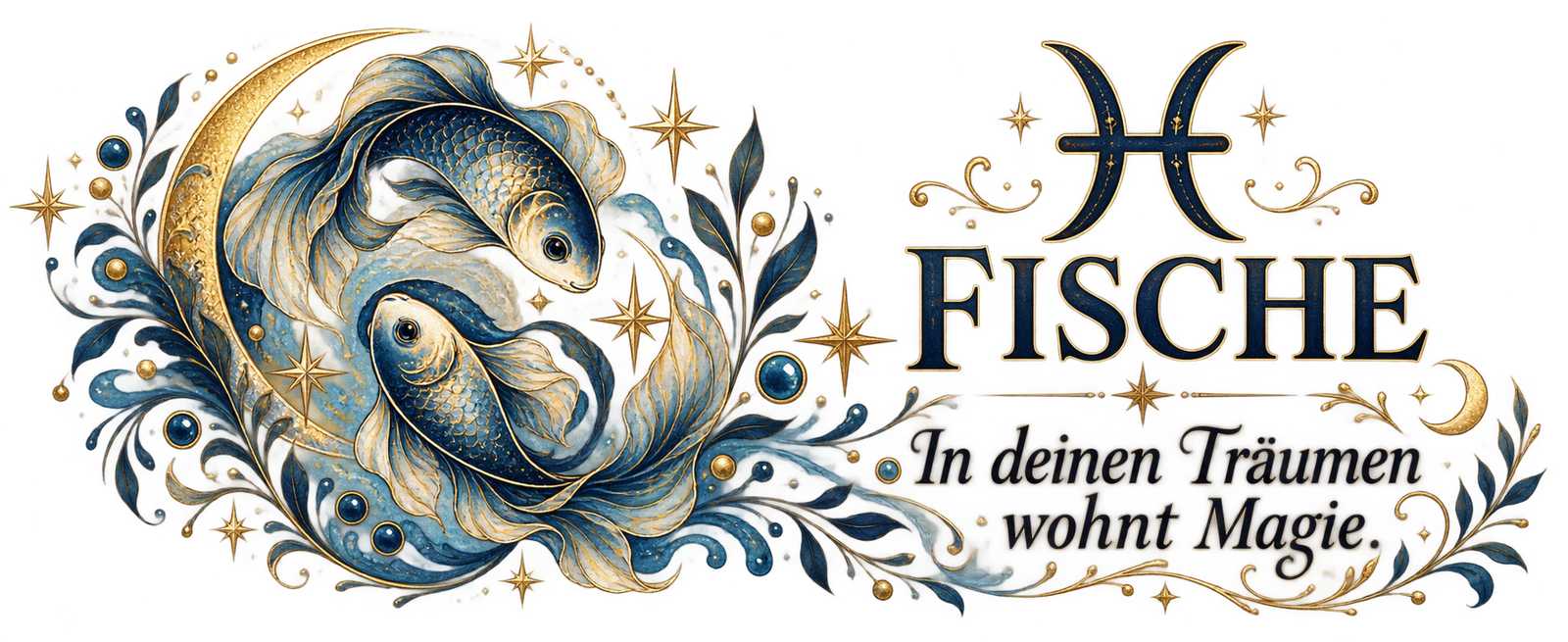 Druckmotiv Fische: zwei Fische, die einen Kreis bilden, vor einer goldenen Mondsichel und zwischen blauen Ranken