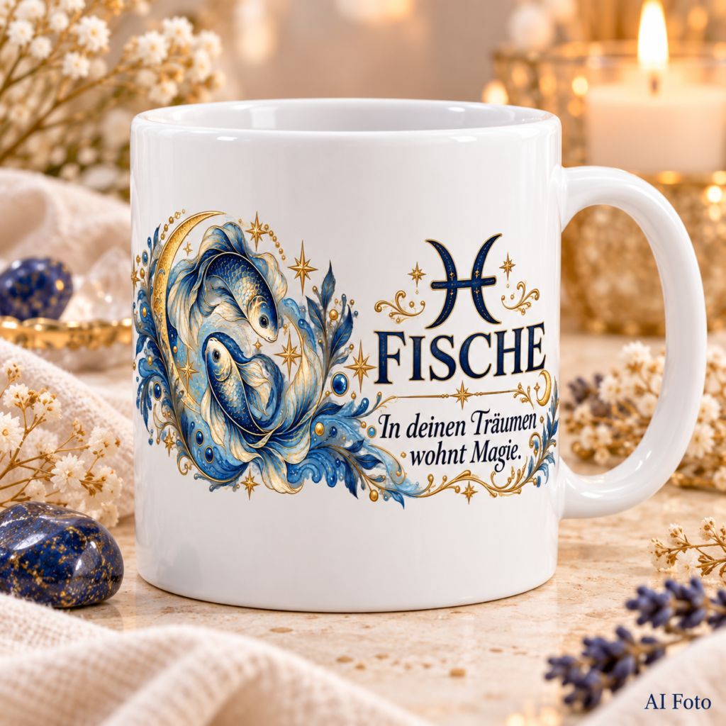 Weiße Tasse mit Sternzeichen-Motiv Fische, als persönliches Geschenk bedruckt