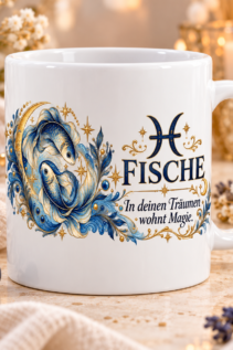 Weiße Tasse mit Sternzeichen-Motiv Fische und dem Spruch „In deinen Träumen wohnt Magie.“