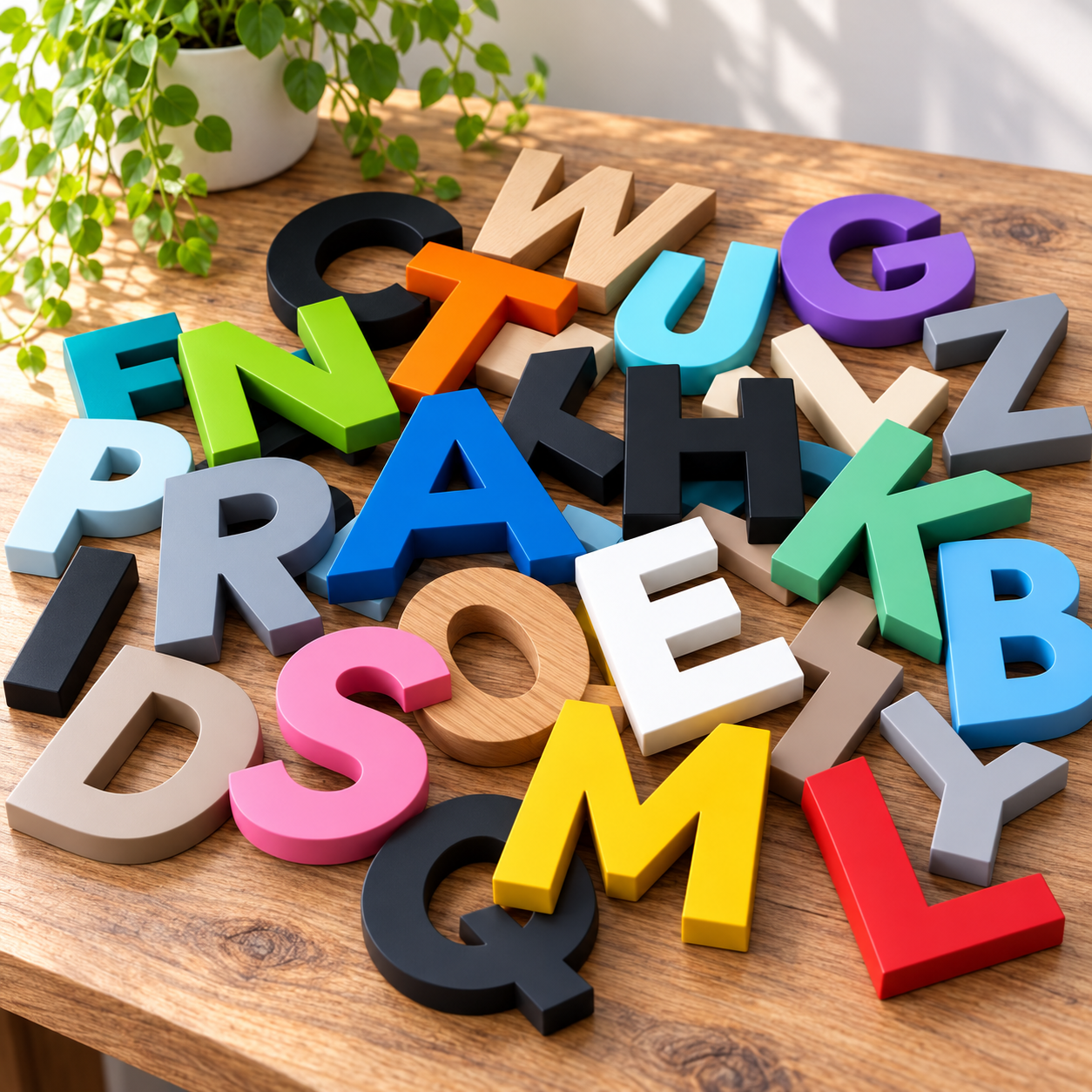 Bunte 3D-Buchstaben in Schwarz, Blau, Grün, Rot, Gelb, Rosa, Orange, Grau und Holzoptik, durcheinander auf einem Holztisch