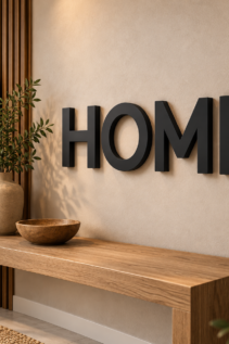 Schwarzer 3D-Schriftzug HOME an der Wand über einer Holzbank im Eingangsbereich