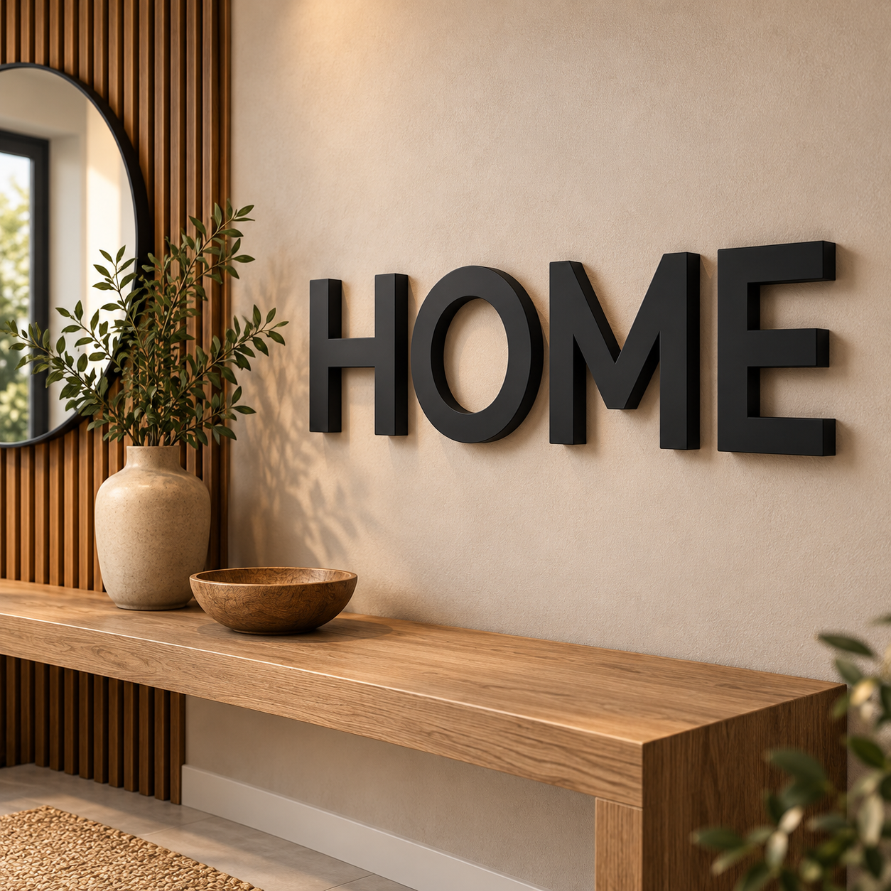 Schwarzer 3D-Schriftzug HOME an der Wand über einer Holzbank im Eingangsbereich