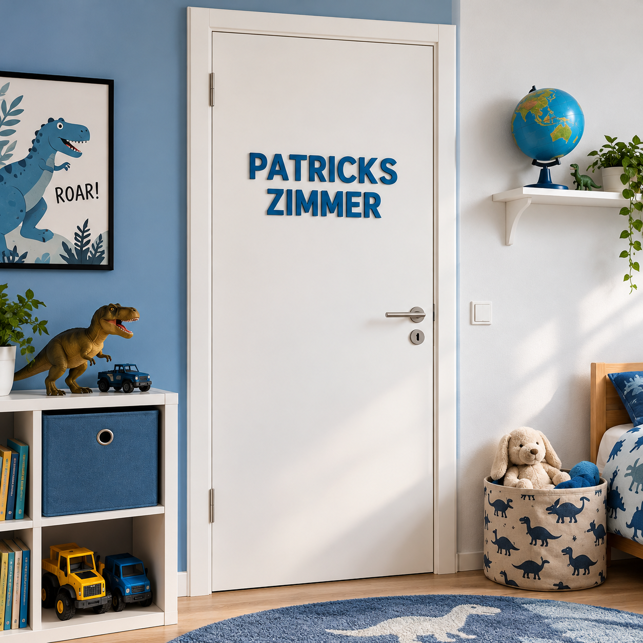 Blaue 3D-Buchstaben mit dem Schriftzug PATRICKS ZIMMER als Türschild an einer weißen Kinderzimmertür
