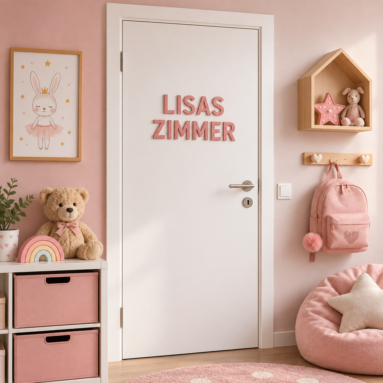 Rosa 3D-Buchstaben mit dem Schriftzug LISAS ZIMMER als Türschild an einer weißen Kinderzimmertür