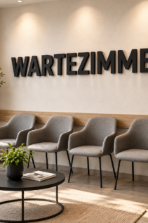 Schwarze 3D-Buchstaben mit dem Schriftzug WARTEZIMMER an der Wand eines Wartebereichs mit grauen Stühlen