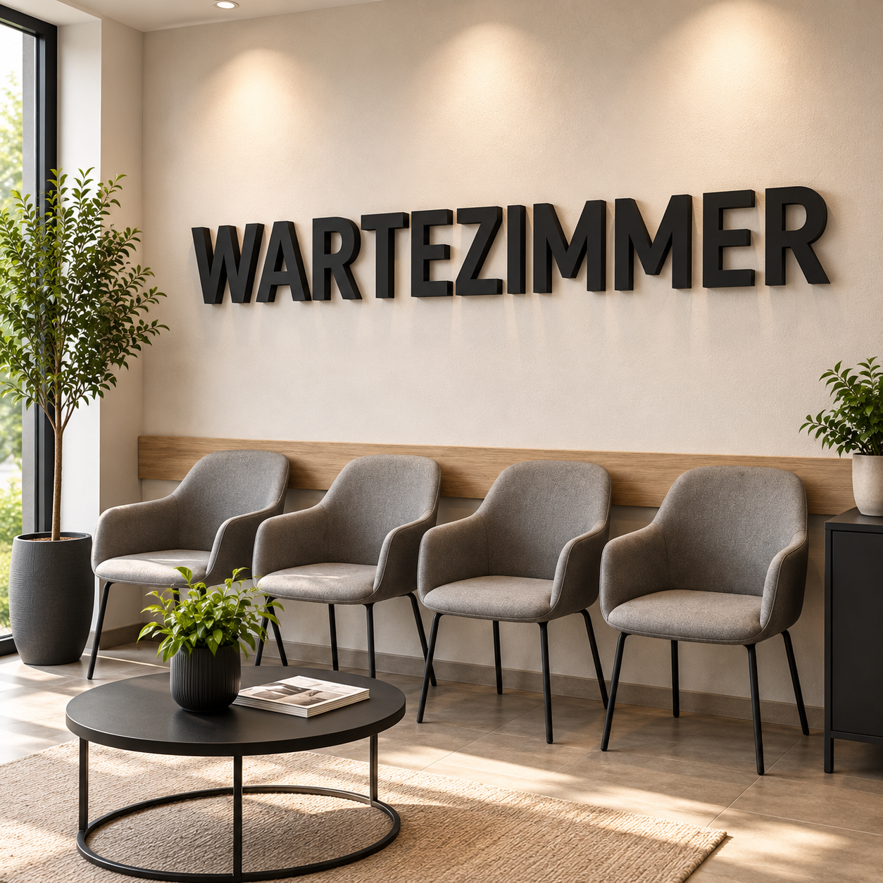 Schwarze 3D-Buchstaben mit dem Schriftzug WARTEZIMMER an der Wand eines Wartebereichs mit grauen Stühlen